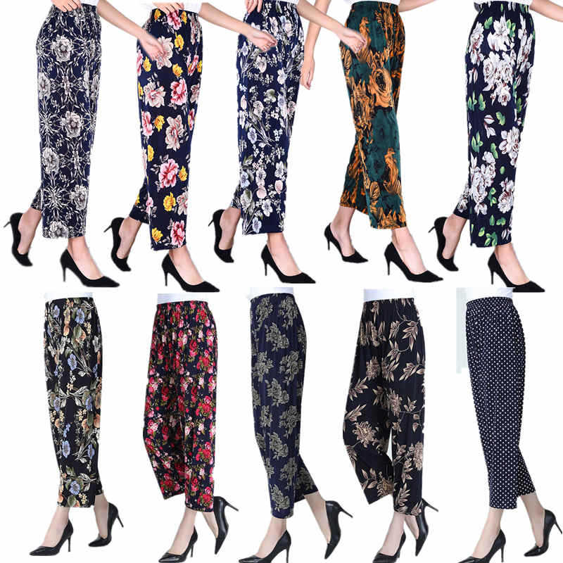 Summer Womens Ice Silk Pants Middle-aged and Elderly Loose Casual Home Pants Elacto Plus Fat Mother Pants Square Sports Nine straight pants flower random delivery 
