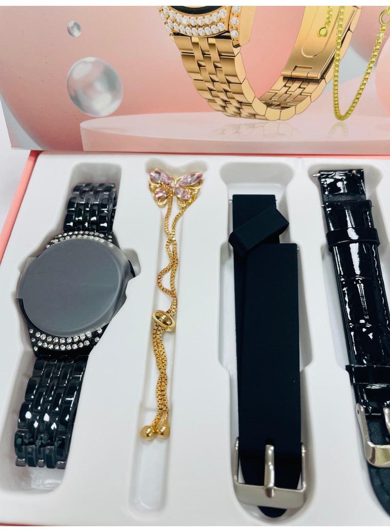 موديو مجموعة هدايا من 3 أزواج + 1 ساعة فاخرة بشاشة لمس ملونة كاملة مع مكالمات بلوتوث وساعة ذكية رياضية وصحية باللون الأسود - Image 4