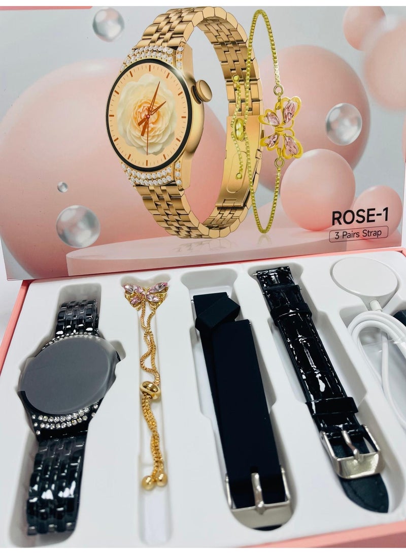 موديو مجموعة هدايا من 3 أزواج + 1 ساعة فاخرة بشاشة لمس ملونة كاملة مع مكالمات بلوتوث وساعة ذكية رياضية وصحية باللون الأسود - Image 5