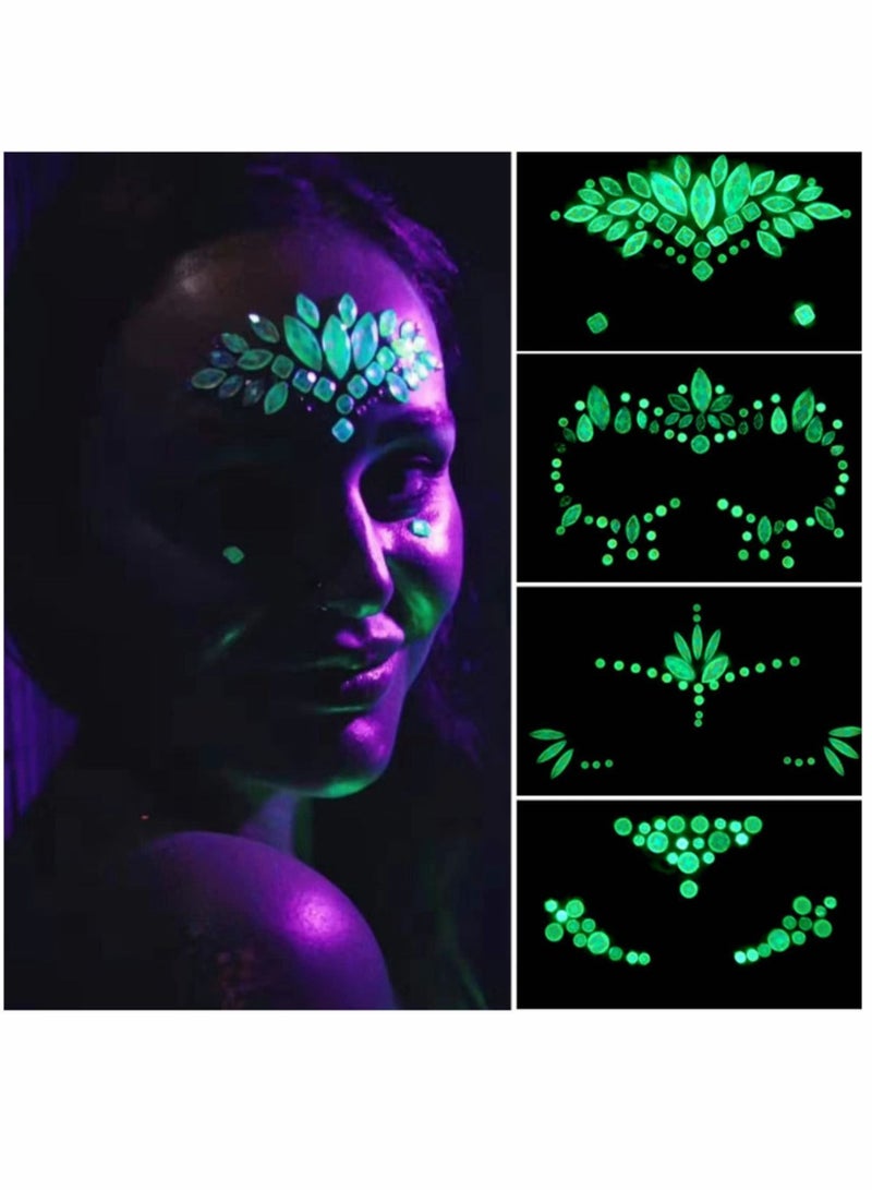 Y&D 4 Sets Luminous Face Jewels, Women Mermaid Gems, Glitter Rhinestone Rave Stickers, Crystals Eyes Temporary Tattoos Glow in the Dark  - Image 1