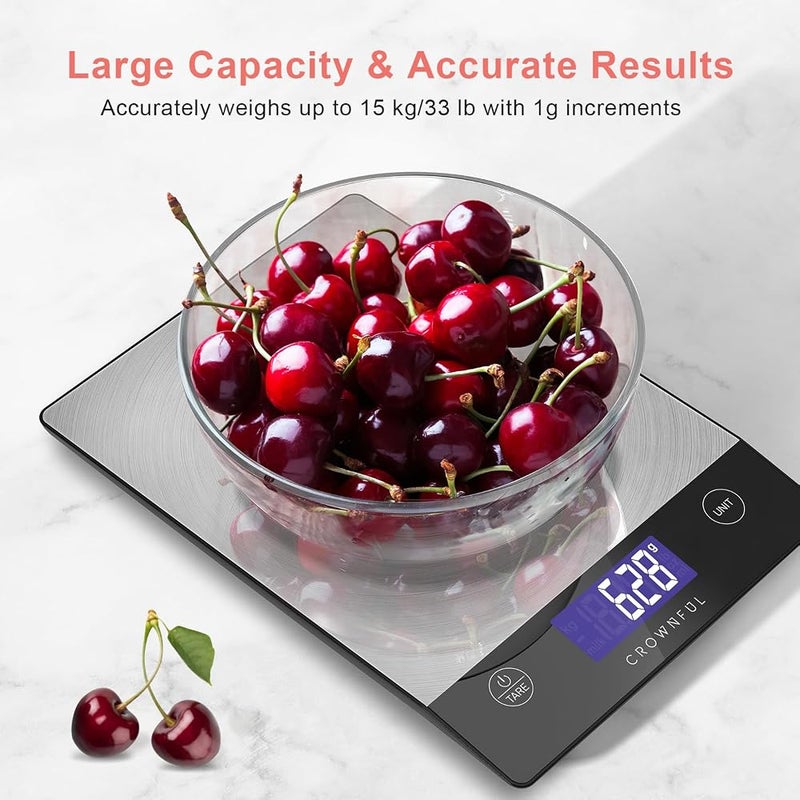CROWNFUL 15Kg Food Scale, Rechargeable 304 Stainless Steel Digital Kitchen Scale Grams and Ounces with LCD Display and Type-C Charging for Baking and Cooking - Image 3
