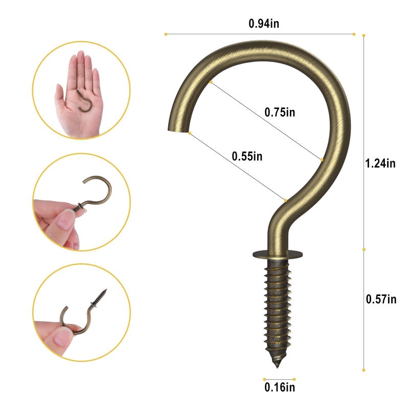 RELBRO 50 Pcs Screw Hooks, 1-1/4 Inch Cup Hooks Screw in Mug Hooks Metal Heavy Duty Screw in Wall Hooks Ceiling Hooks Indoor Outdoor for Utensils Plants Lights Decors Bronze - Image 3