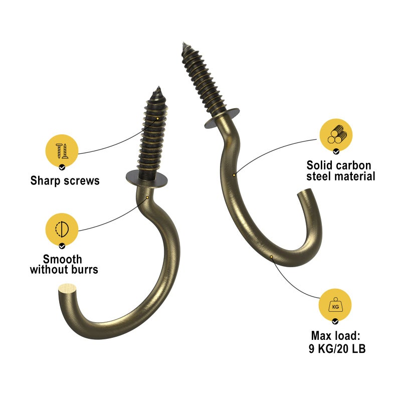 RELBRO 50 Pcs Screw Hooks, 1-1/4 Inch Cup Hooks Screw in Mug Hooks Metal Heavy Duty Screw in Wall Hooks Ceiling Hooks Indoor Outdoor for Utensils Plants Lights Decors Bronze - Image 4
