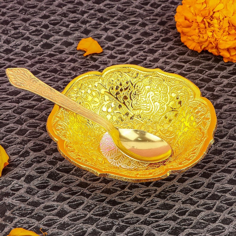 SATVIK STORE SATVIK 1 Set Designer Gold Silver Plated Lotus Flower Dessert Dry Fruits Embossed Serving Bowl With Spoon Set Festive Diwali Pujan Decortive Bhog Bowl Christmas Housewarming Wedding Return Gift Items  - Image 2