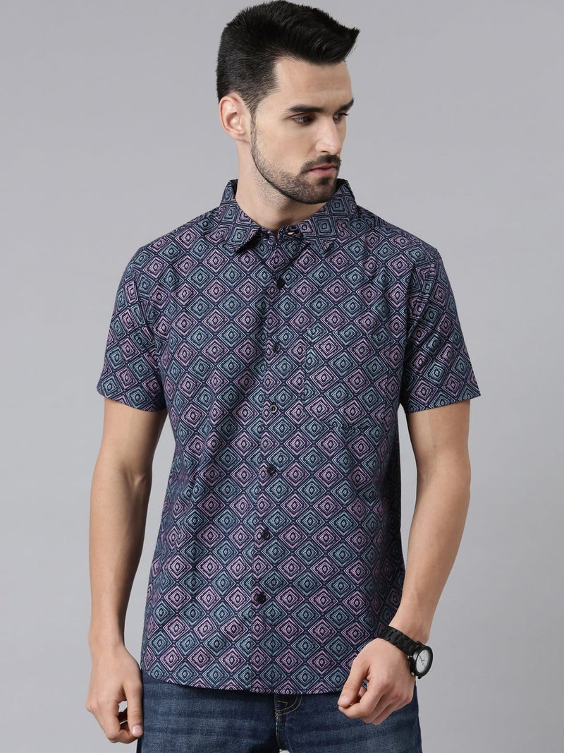 Joven Navy Printed Half Sleeve Casual Shirt for Men - Image 1