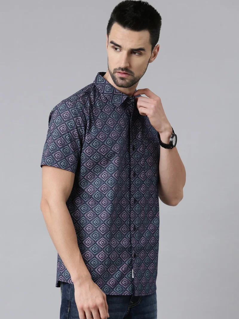 Joven  Navy Printed Half Sleeve Casual Shirt for Men for Men | Best Price UAE