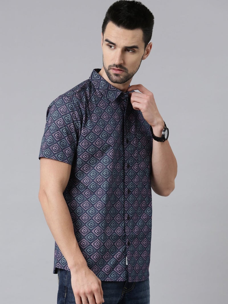 Joven Navy Printed Half Sleeve Casual Shirt for Men - Image 3