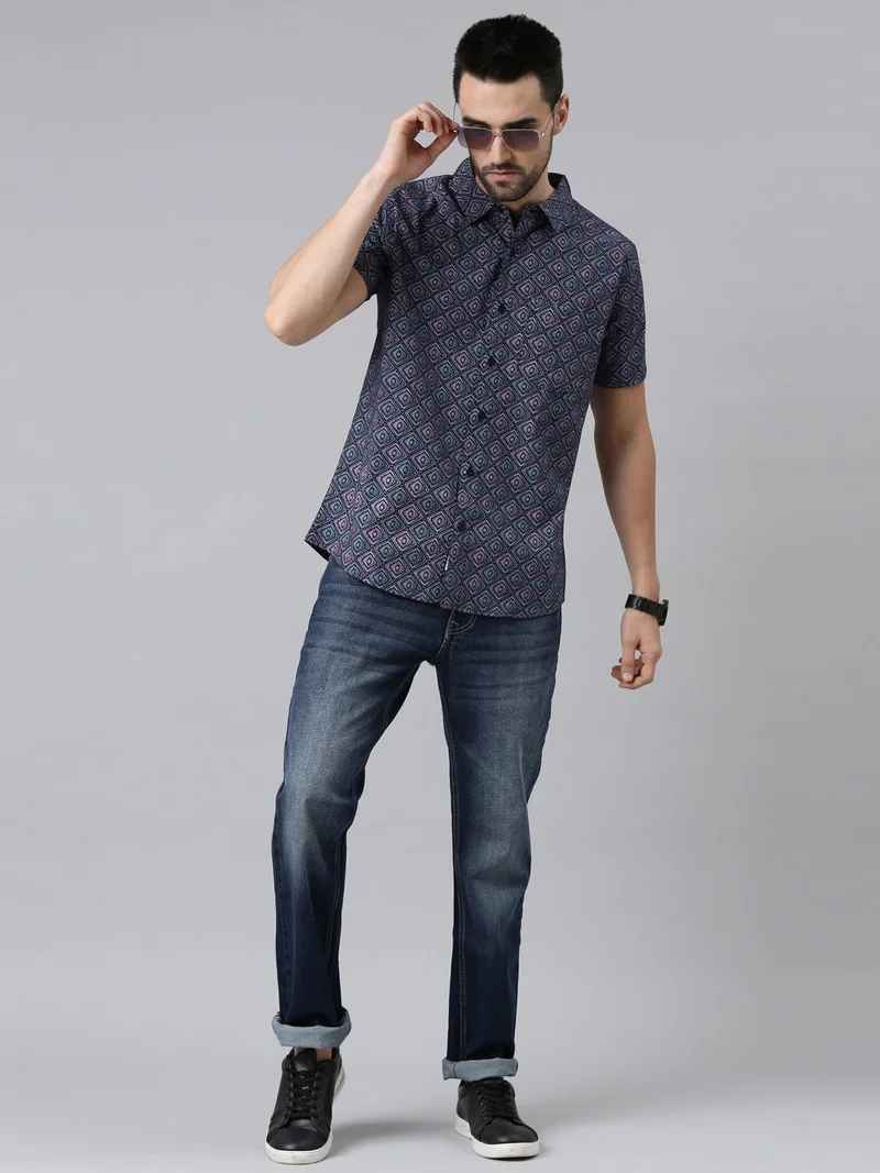 Joven  Navy Printed Half Sleeve Casual Shirt for Men for Men | Best Price UAE