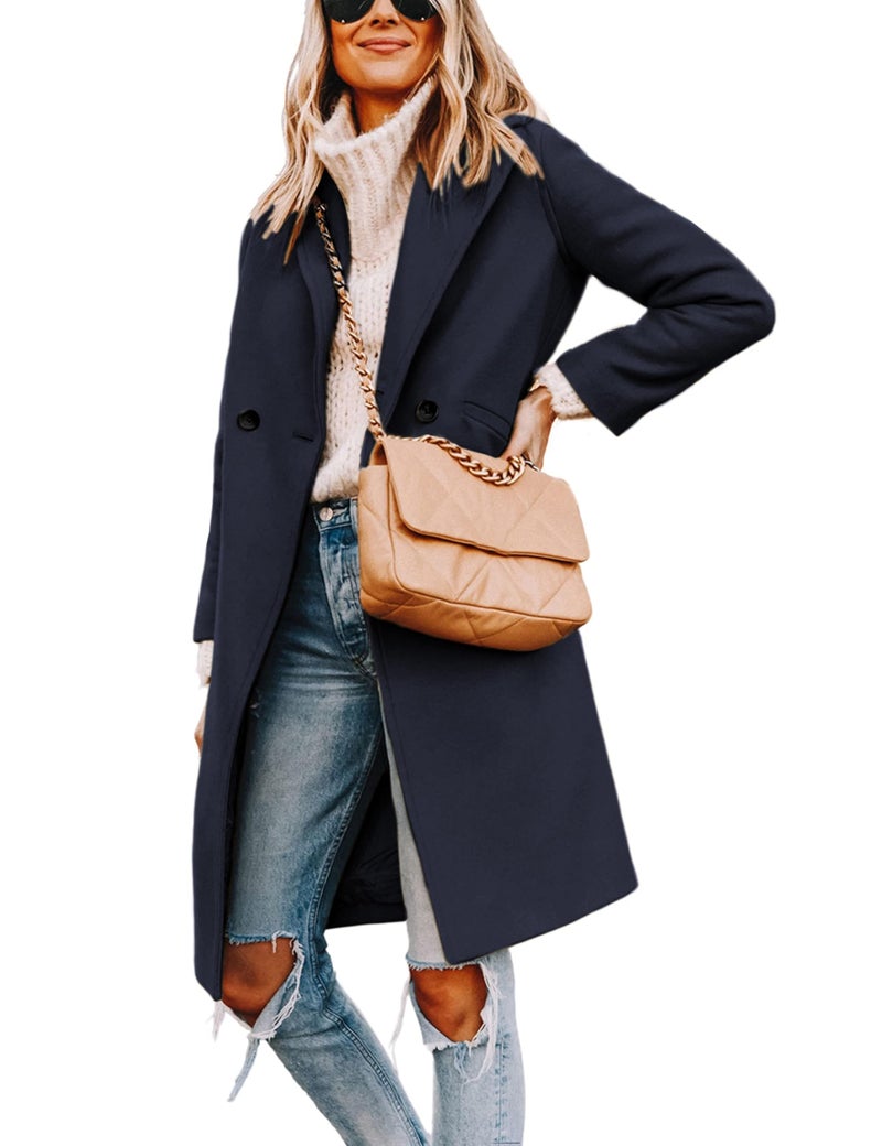 Tanming Women's Notch Lapel Double Breasted Wool Blend Mid Long Pea Trench Coat (NavyBlue-M) - Image 1