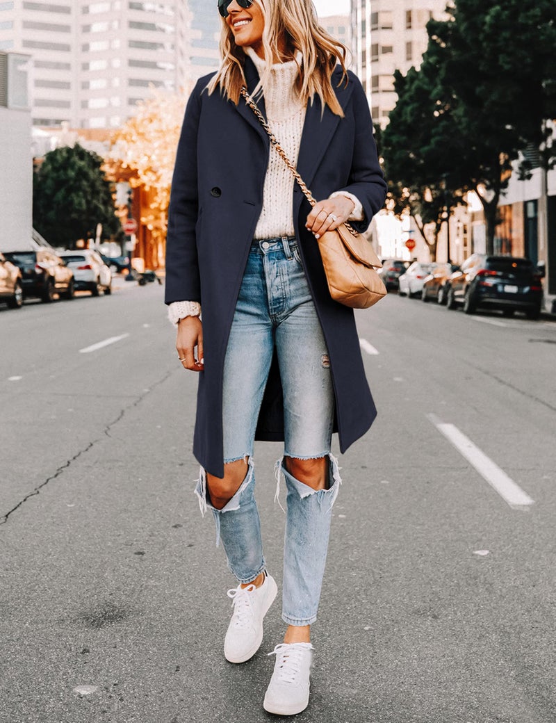 Tanming Women's Notch Lapel Double Breasted Wool Blend Mid Long Pea Trench Coat (NavyBlue-M) - Image 2