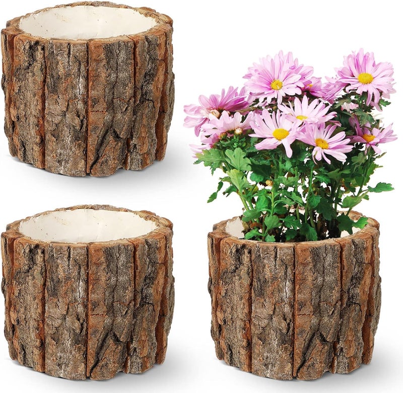 Yardwe 3 Pcs Wooden Flower Pots, Rustic Wood Bark Buckets, Barrels Planters for Garden and Home Decorations, 4.72 X 4.72 X 3.93 Inch - Image 1