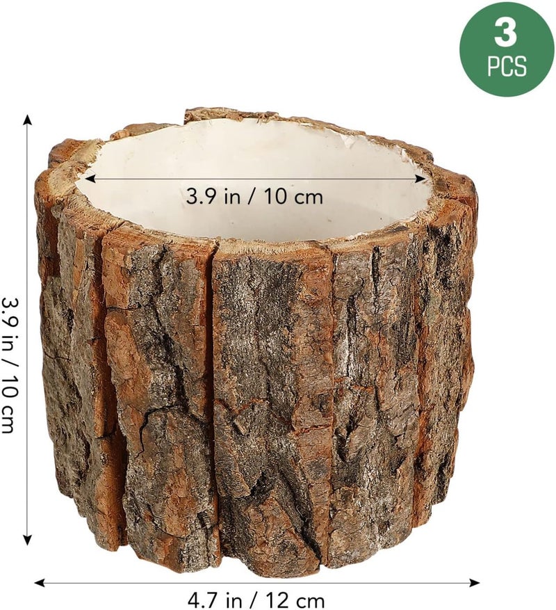 Yardwe 3 Pcs Wooden Flower Pots, Rustic Wood Bark Buckets, Barrels Planters for Garden and Home Decorations, 4.72 X 4.72 X 3.93 Inch - Image 4
