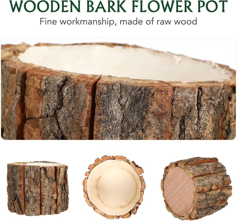 Yardwe 3 Pcs Wooden Flower Pots, Rustic Wood Bark Buckets, Barrels Planters for Garden and Home Decorations, 4.72 X 4.72 X 3.93 Inch - Image 3