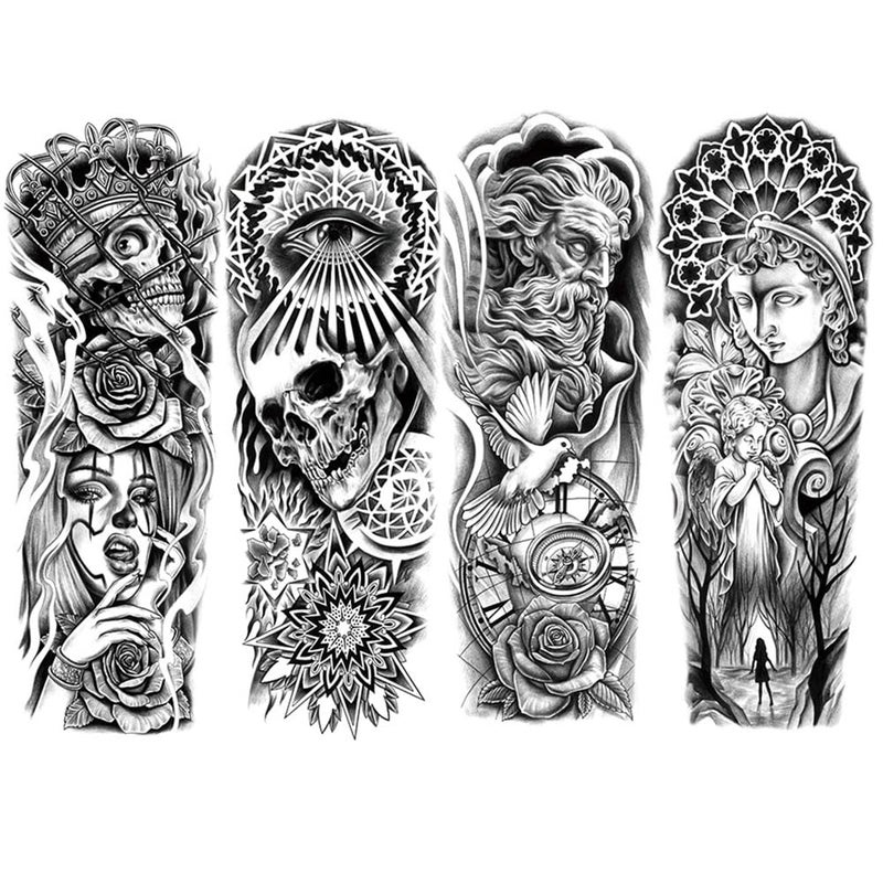 Oottati 4 ورقة وشم مؤقت كامل الذراع ملصقات تاتو مزيفة تاج جمجمة وردة عين سيدة توتم حمامة بوذا بوصلة للرجال والنساء البالغين مكياج