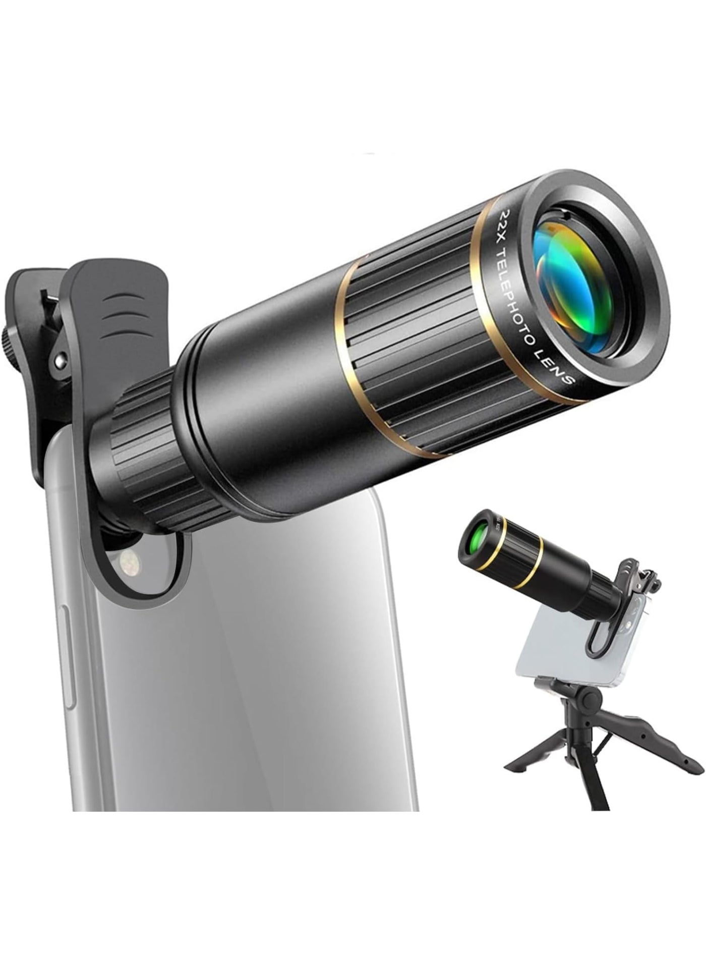 Phone Telephoto Lens Kit, 22X Telephoto Lens with Phone Holder, Lens Clip, Eyecap Cleaning Cloth, Mini Tripod, Phone Camera Lens for Hiking, Camping, Wildlife Observation, Concert Watching, Black