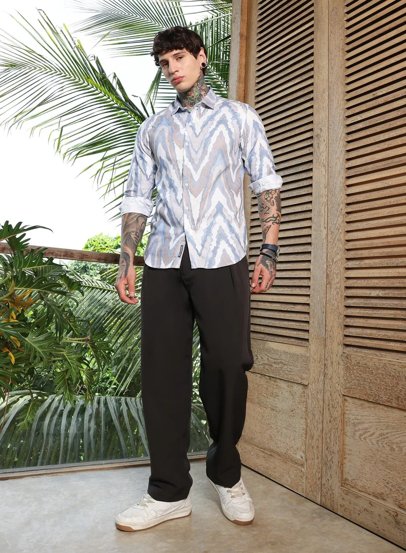 Campus Sutra Campus Sutra Men's Icy Blue:Cream White Pastel-Geometric Jacquard Shirt | Regular Fit Full Sleeve Point Collar Abstract Wave Pattern | Cotton Blend Breathable Fabric For Semi-Formal & Casual Wear