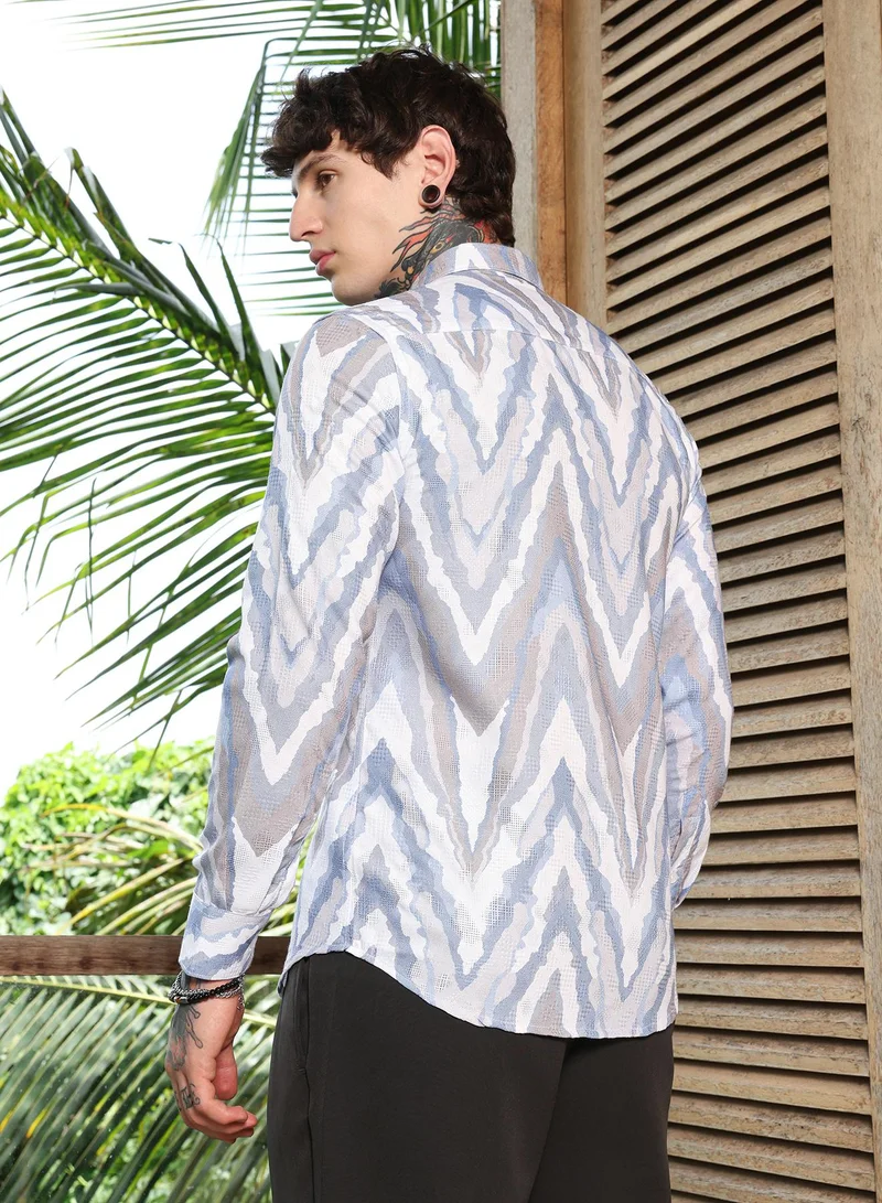 Campus Sutra Campus Sutra Men's Icy Blue:Cream White Pastel-Geometric Jacquard Shirt | Regular Fit Full Sleeve Point Collar Abstract Wave Pattern | Cotton Blend Breathable Fabric For Semi-Formal & Casual Wear