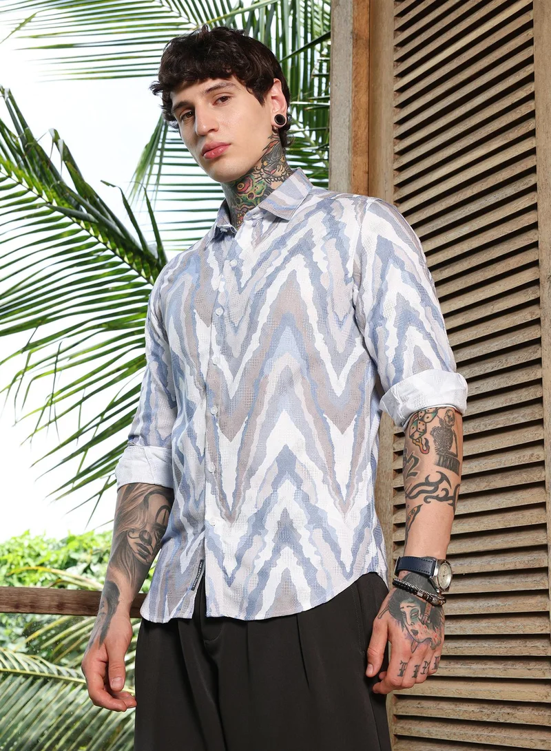 Campus Sutra Campus Sutra Men's Icy Blue:Cream White Pastel-Geometric Jacquard Shirt | Regular Fit Full Sleeve Point Collar Abstract Wave Pattern | Cotton Blend Breathable Fabric For Semi-Formal & Casual Wear