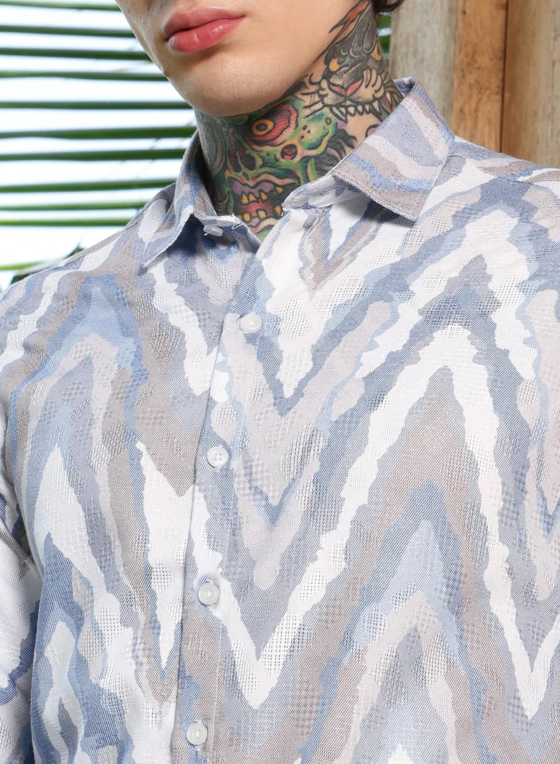 Campus Sutra Campus Sutra Men's Icy Blue:Cream White Pastel-Geometric Jacquard Shirt | Regular Fit Full Sleeve Point Collar Abstract Wave Pattern | Cotton Blend Breathable Fabric For Semi-Formal & Casual Wear