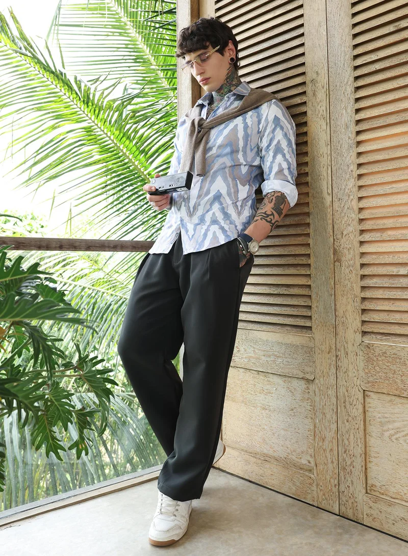 Campus Sutra Campus Sutra Men's Icy Blue:Cream White Pastel-Geometric Jacquard Shirt | Regular Fit Full Sleeve Point Collar Abstract Wave Pattern | Cotton Blend Breathable Fabric For Semi-Formal & Casual Wear