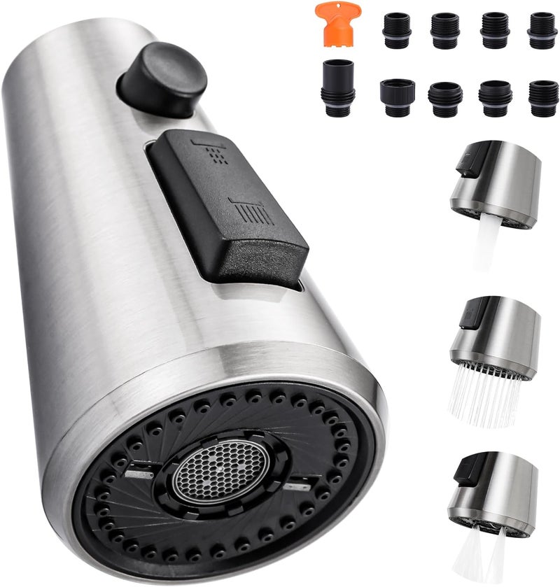 ALEASHA Pull Down Spray Head for Kitchen Faucet,3-Function Sink Spray Nozzle with 9 Adapters,Kitchen Faucet Head Replacement Compatible with Moen,American Standard Faucets,Brushed Nickel - Image 1