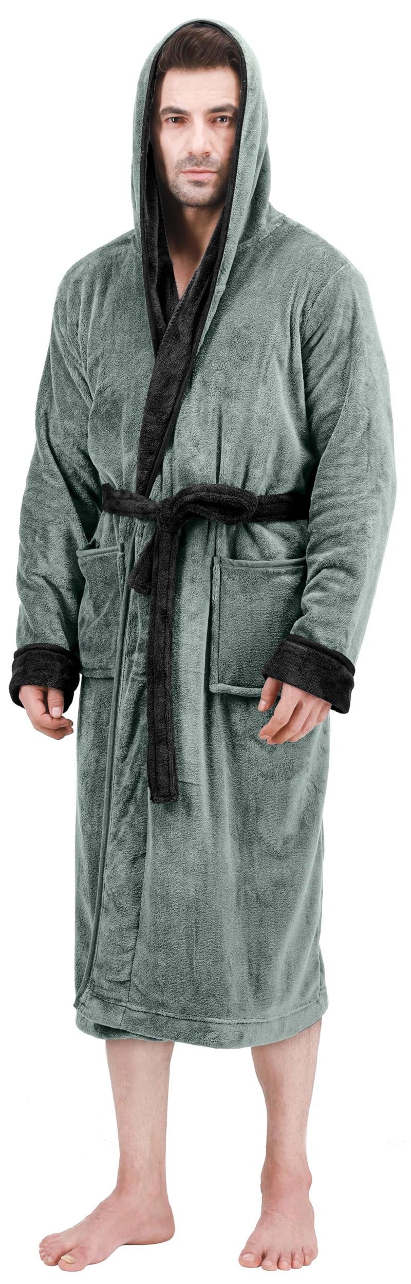 NY Threads Mens Robe with Hood, Luxury Plush Fleece Hooded Mens Bathrobe, Spa Bath Robe for Men, Small/Medium, Steel Grey and Black - Image 2