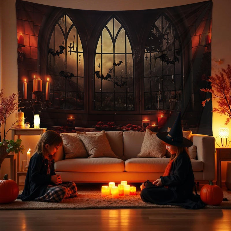 QGHOT Halloween Tapestry Wall Hanging Horror Castle Window Tapestry Gothic Spooky Backdrop Vampire Medieval Tapestries for Bedroom Living Room Dorm Wall Art Decor 906x709