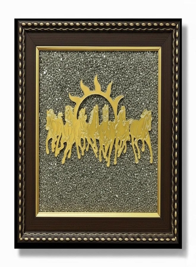 Real Crystal 7 Horses on Raw Pyrite Frame | Seven Running Horses with Sun Vastu Painting Big Size Wall Decor to Attract Money, Protection, Success, and Chakra Healing | Original Pyrite Stone Showpiece Gift For Living Room (7 x 7 Inch) - Image 1