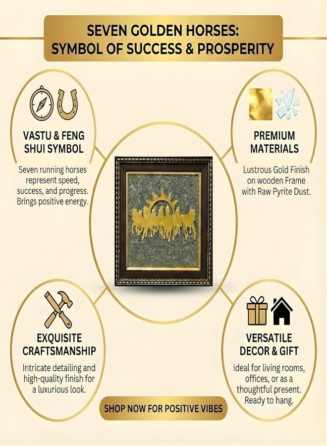 Real Crystal 7 Horses on Raw Pyrite Frame | Seven Running Horses with Sun Vastu Painting Big Size Wall Decor to Attract Money, Protection, Success, and Chakra Healing | Original Pyrite Stone Showpiece Gift For Living Room (7 x 7 Inch) - Image 2