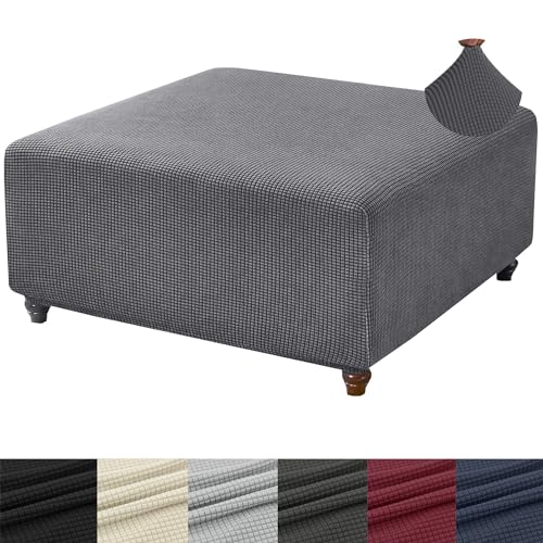 ANWUCHEN Square Ottoman Cover Thick Stretch Knitted Jacquard Slipcover XLarge Dark Gray - Image 1