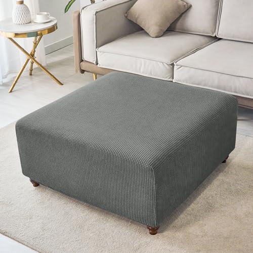 ANWUCHEN Square Ottoman Cover Thick Stretch Knitted Jacquard Slipcover XLarge Dark Gray - Image 3