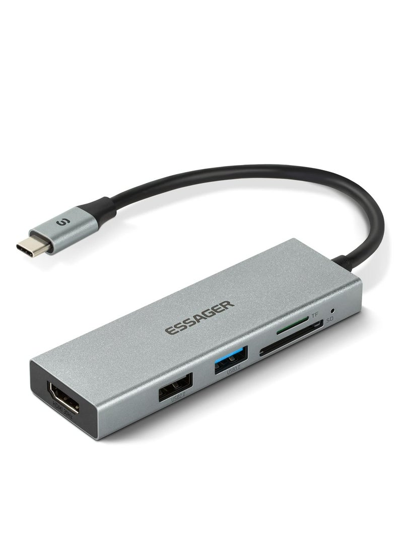 ESSAGER - 5 in 1 USB C Hub, Portable USBC Hub Multiport Adapter with HDMI 4k60hz, USB3.0, USB2.0, SD/TF(Micro SD) Reader for MacOS & Windows - Image 1