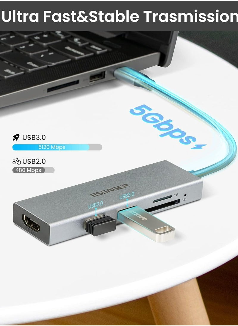 ESSAGER - 5 in 1 USB C Hub, Portable USBC Hub Multiport Adapter with HDMI 4k60hz, USB3.0, USB2.0, SD/TF(Micro SD) Reader for MacOS & Windows - Image 1