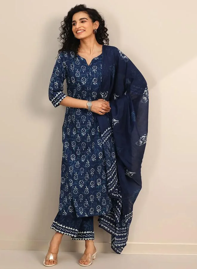 لباس Blue Printed Cotton Straight Kurta, Trousers and Dupatta Set