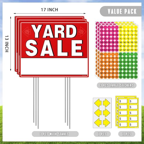 ISIYHCC Yard Sale Signs Kit with Price Stickers 8 Pack 3 Pcs Yard Sale Signs with Stakes 5 Pcs Garage Sales Price Stickers Directional Arrows Sign Garage Sales Supplies Large Prices Tags Double Sided - Image 3