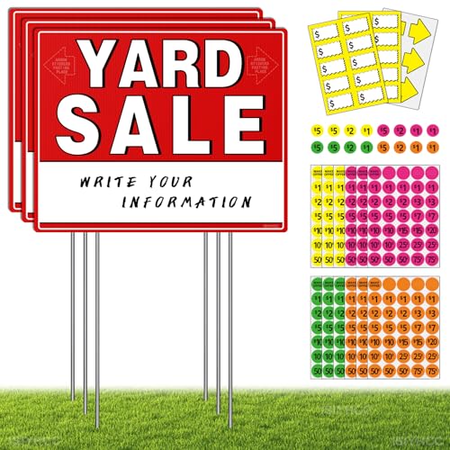 ISIYHCC Yard Sale Signs Kit with Price Stickers 8 Pack 3 Pcs Yard Sale Signs with Stakes 5 Pcs Garage Sales Price Stickers Directional Arrows Sign Garage Sales Supplies Large Prices Tags Double Sided - Image 1