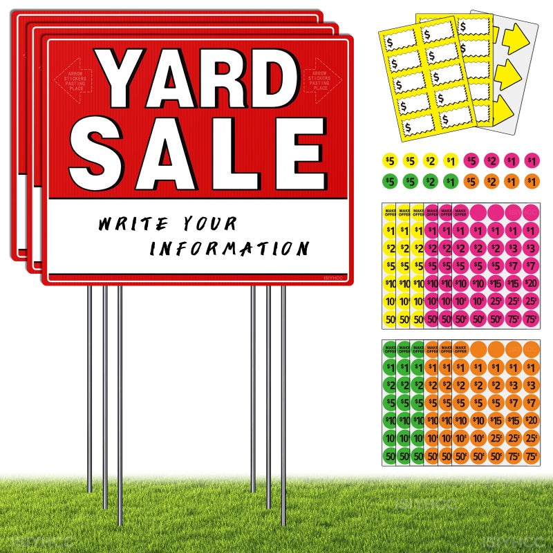 ISIYHCC Yard Sale Signs Kit with Price Stickers 8 Pack 3 Pcs Yard Sale Signs with Stakes 5 Pcs Garage Sales Price Stickers Directional Arrows Sign Garage Sales Supplies Large Prices Tags Double Sided - Image 2
