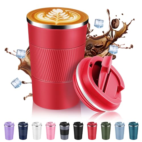 Volhoply 13 oz Stainless Steel Insulated Travel Coffee Mug with Fip LidReusable Double Wall Vacuum Metal Coffee CupPortable to Go Leak Proof Cafe Thermal Tumbler for Hot Cold DrinksRed1 - Image 1