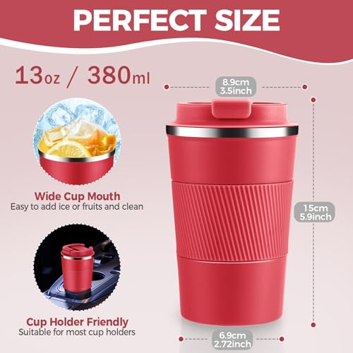 Volhoply 13 oz Stainless Steel Insulated Travel Coffee Mug with Fip LidReusable Double Wall Vacuum Metal Coffee CupPortable to Go Leak Proof Cafe Thermal Tumbler for Hot Cold DrinksRed1 - Image 3