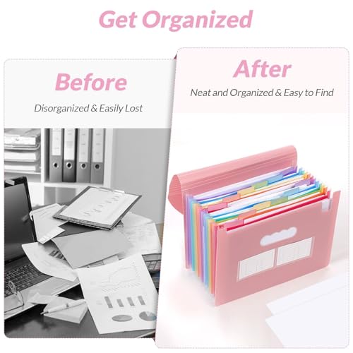 SKYDUE Accordion File Organizer Expanding File Folder with 13 Pockets Portable Document Paper Bill Receipt Organizer Home School Office Supplies Letter A4 Size Pink - Image 3