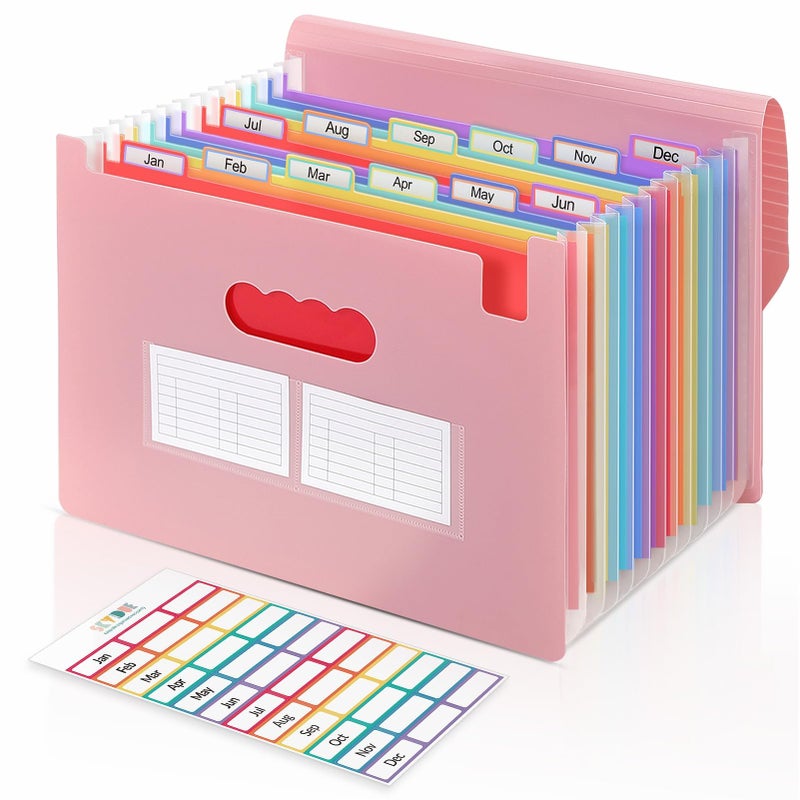 SKYDUE Accordion File Organizer Expanding File Folder with 13 Pockets Portable Document Paper Bill Receipt Organizer Home School Office Supplies Letter A4 Size Pink - Image 2