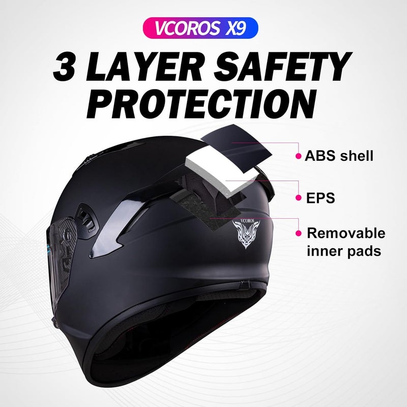 VCOROS X9 Full Face Motorcycle Helmet with Inner Sun Visor and Bluetooth Ready Speaker Pockets - Image 3