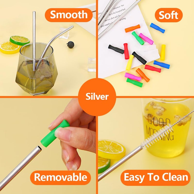Lazycorner 16 Short Metal Straws, 6mm 5.5" 6.5" Kids Reusable Straws+Silicone Tips+Cleaner, Mini Small Stainless Steel Straws Fit 8 10 12 oz Tumbler/Wine Tumblers, Reusable Cocktail Straws(Silver) - Image 4