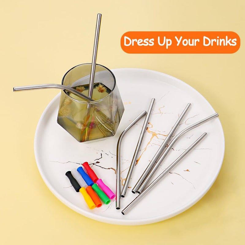 Lazycorner 16 Short Metal Straws, 6mm 5.5" 6.5" Kids Reusable Straws+Silicone Tips+Cleaner, Mini Small Stainless Steel Straws Fit 8 10 12 oz Tumbler/Wine Tumblers, Reusable Cocktail Straws(Silver) - Image 5