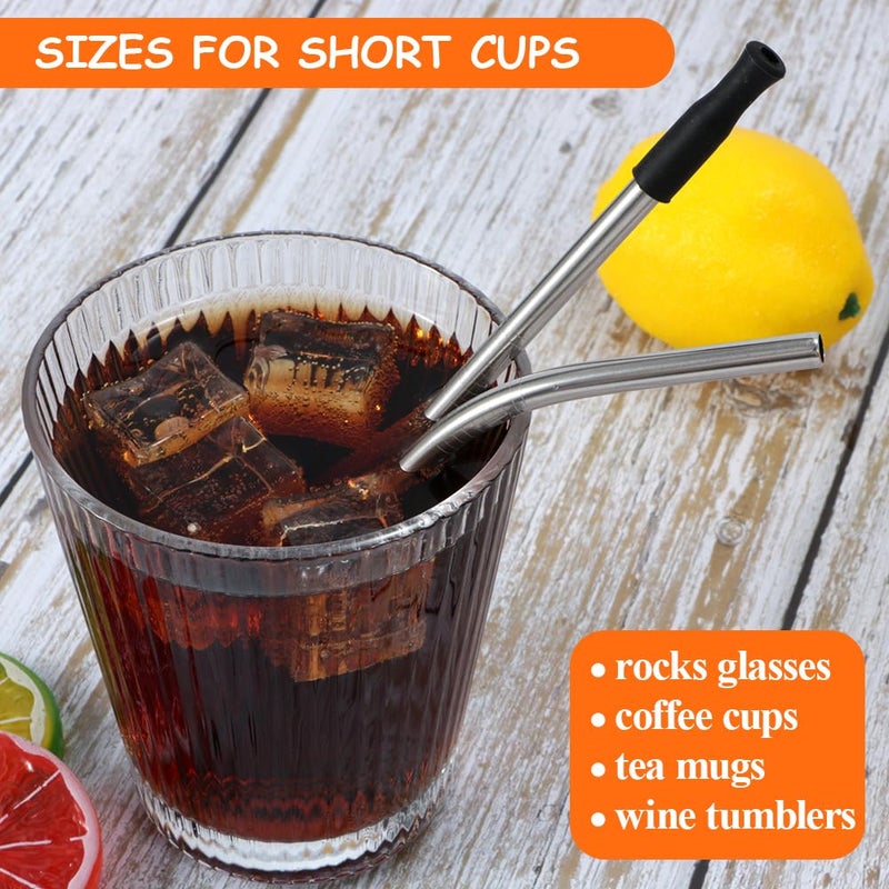 Lazycorner 16 Short Metal Straws, 6mm 5.5" 6.5" Kids Reusable Straws+Silicone Tips+Cleaner, Mini Small Stainless Steel Straws Fit 8 10 12 oz Tumbler/Wine Tumblers, Reusable Cocktail Straws(Silver) - Image 2