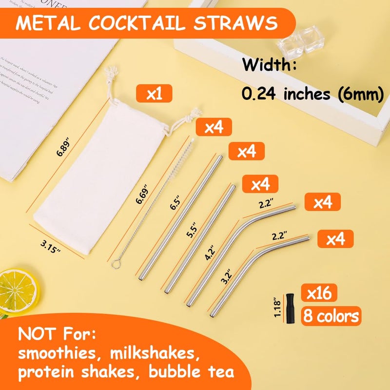 Lazycorner 16 Short Metal Straws, 6mm 5.5" 6.5" Kids Reusable Straws+Silicone Tips+Cleaner, Mini Small Stainless Steel Straws Fit 8 10 12 oz Tumbler/Wine Tumblers, Reusable Cocktail Straws(Silver) - Image 3
