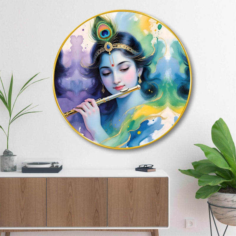 SAF Lord Krishna Flute Wall Painting – Round Golden Frame Radha Krishna Art | Spiritual Wall Décor for Living Room, Bedroom, Pooja Room & Office | Divine Home Decoration (16 X 16 Inch) GRM-287 - Image 5