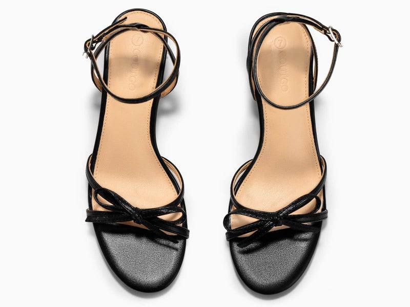 Coutgo Womens Kitten Low Heels Bow Sandals Open Toe Buckle Ankle Strap Wedding Party Dress Shoes, Black, Size 7 - Image 5