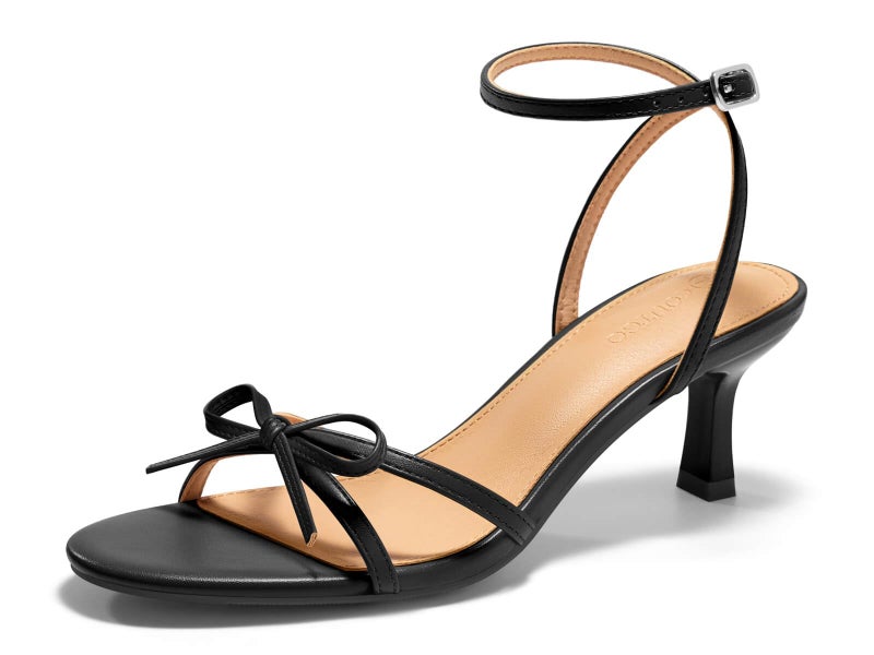 Coutgo Womens Kitten Low Heels Bow Sandals Open Toe Buckle Ankle Strap Wedding Party Dress Shoes, Black, Size 7 - Image 1