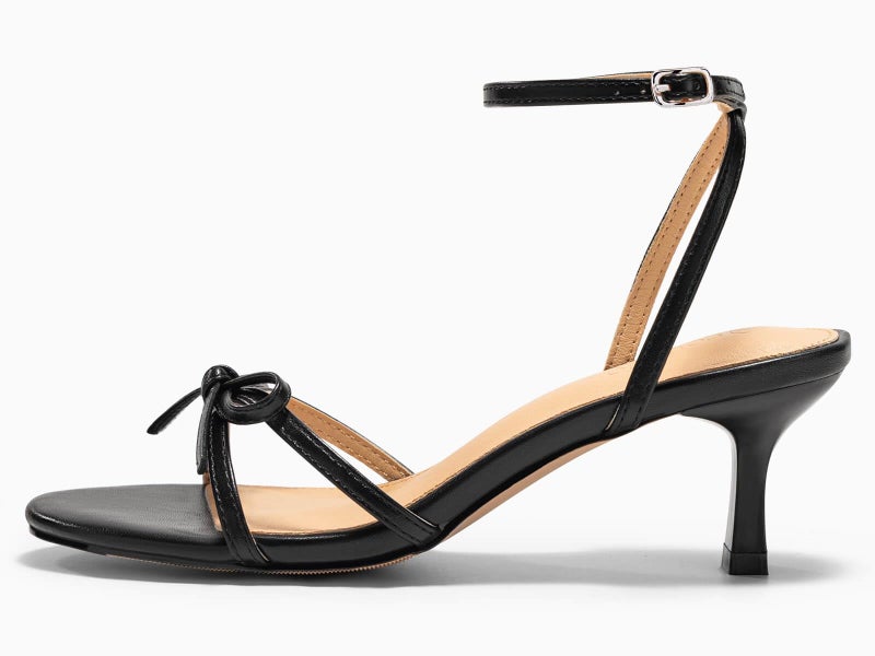 Coutgo Womens Kitten Low Heels Bow Sandals Open Toe Buckle Ankle Strap Wedding Party Dress Shoes, Black, Size 7 - Image 4